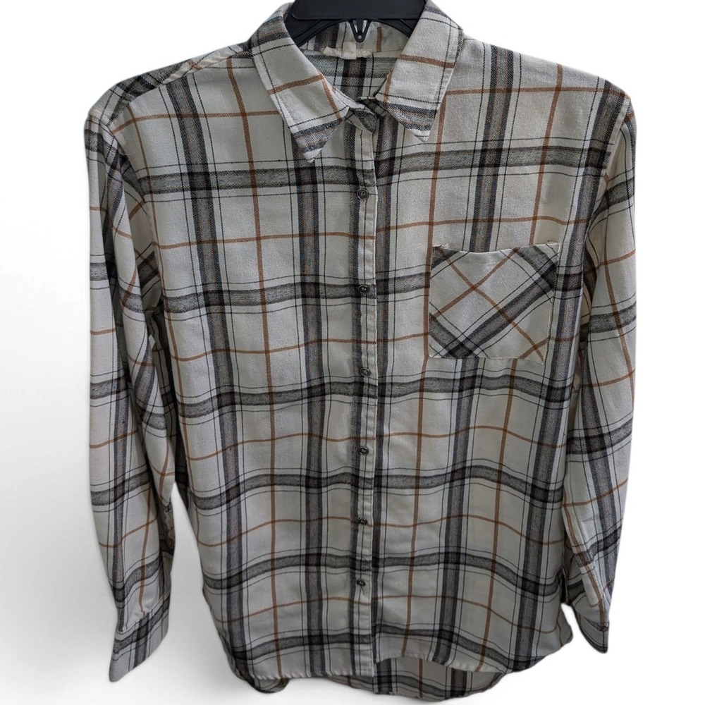 La Miel Plaid Flannel Button Down Shirt Cream Brown Gray Black SRT1312 Small